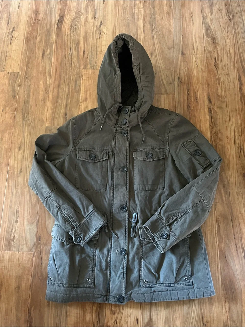 Levi's Army Hunter Green Quilted Utility Hooded Jacket Size Large Outdoor Pocket